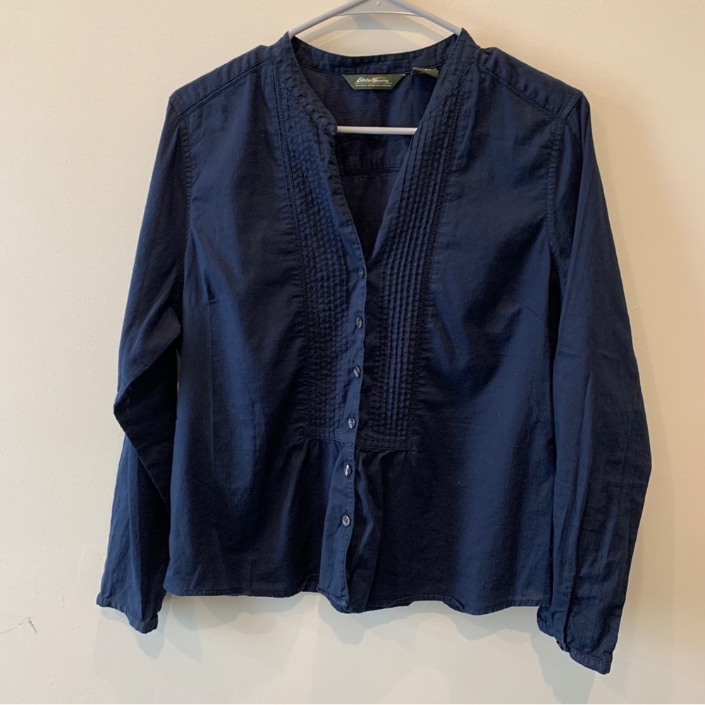 Eddie bauer // dark blue pleated light weight popover top size large petite z26